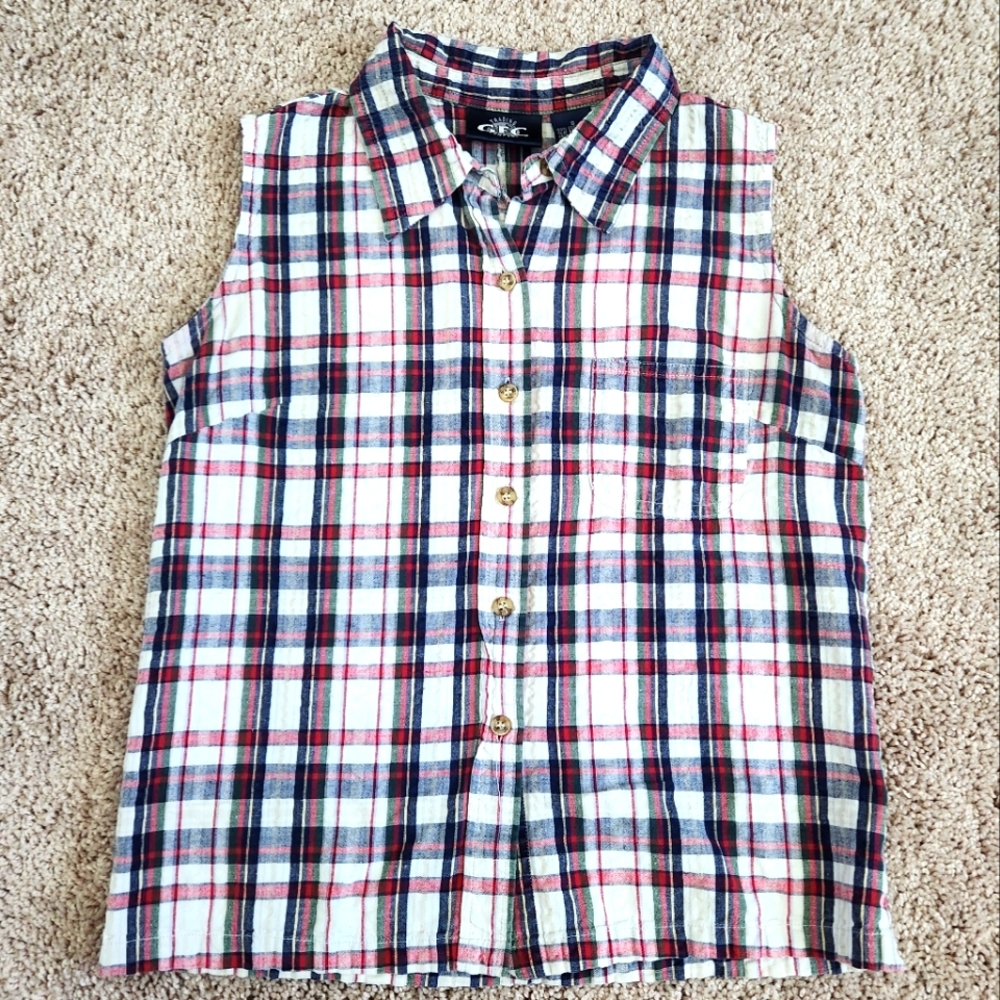 90's Vintage Retro Plaid Button  Top Size Small